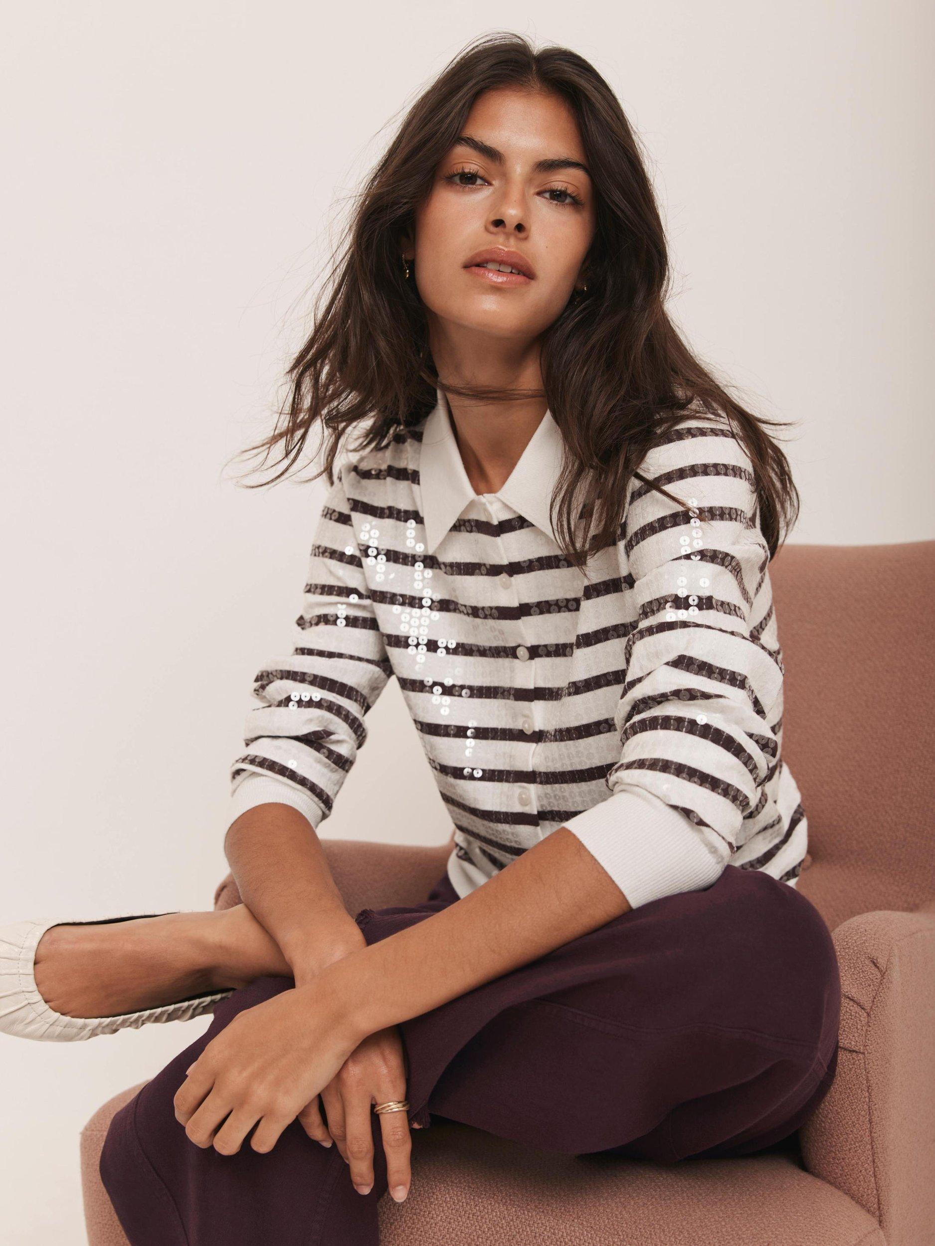 Product image 2 of 8, which shows Mint Velvet Stripe Sequin Collar Cardigan, Red Burgundy, XS