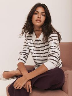 Mint Velvet Stripe Sequin Collar Cardigan - view 2, Red Burgundy