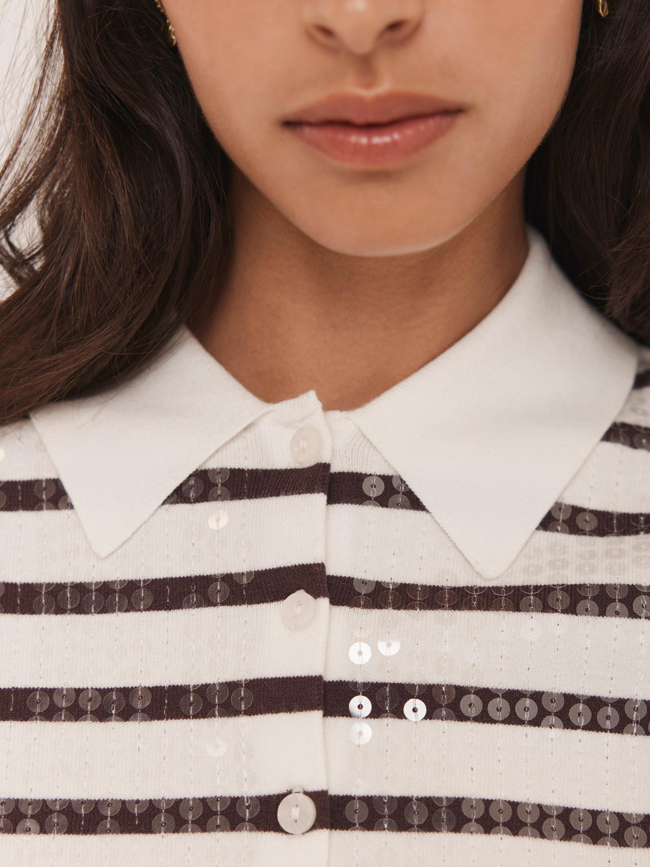 Product image 3 of 8, which shows Mint Velvet Stripe Sequin Collar Cardigan, Red Burgundy, XS