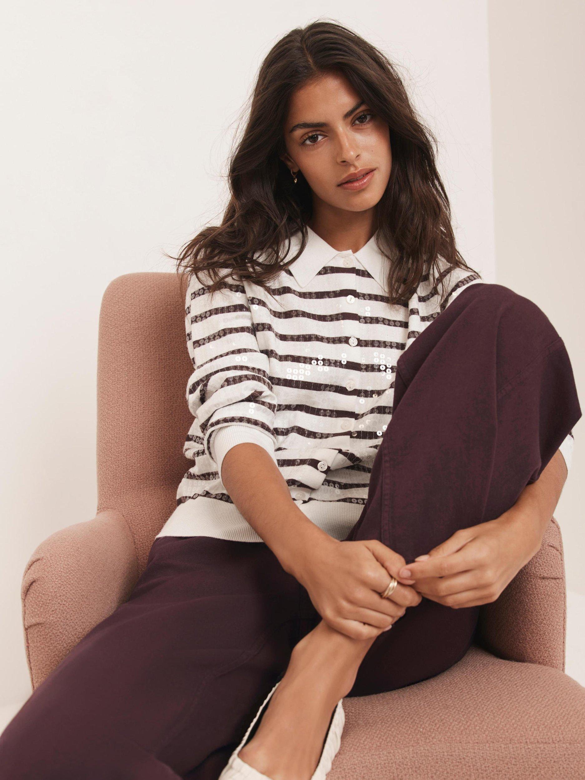 Product image 4 of 8, which shows Mint Velvet Stripe Sequin Collar Cardigan, Red Burgundy, XS