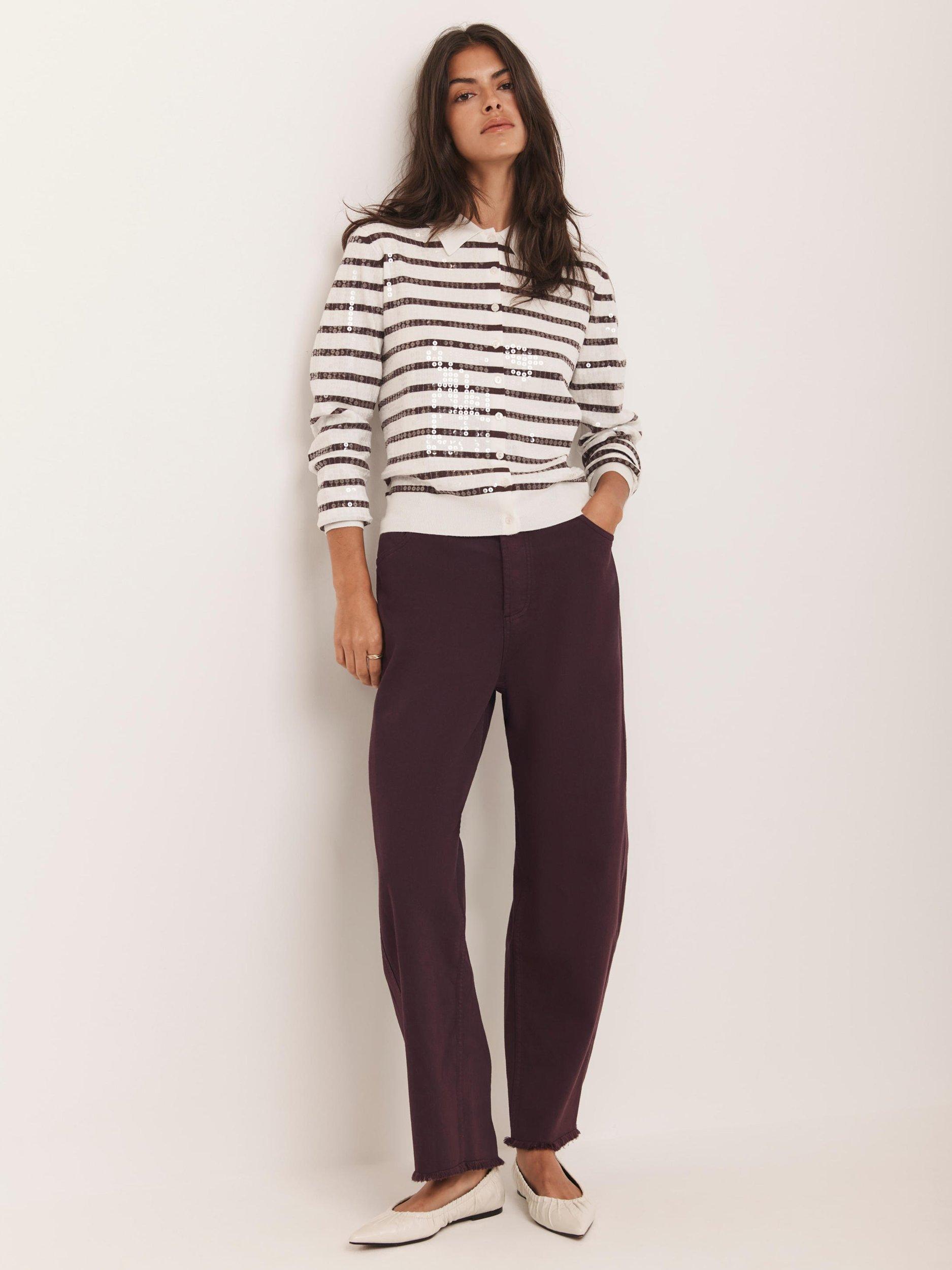 Product image 6 of 8, which shows Mint Velvet Stripe Sequin Collar Cardigan, Red Burgundy, XS