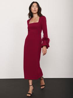 Mint Velvet Long Sleeve Square Neck Trim Midi Dress, Red