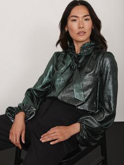 Mint Velvet Long Sleeve Pussy Bow Blouse, Green