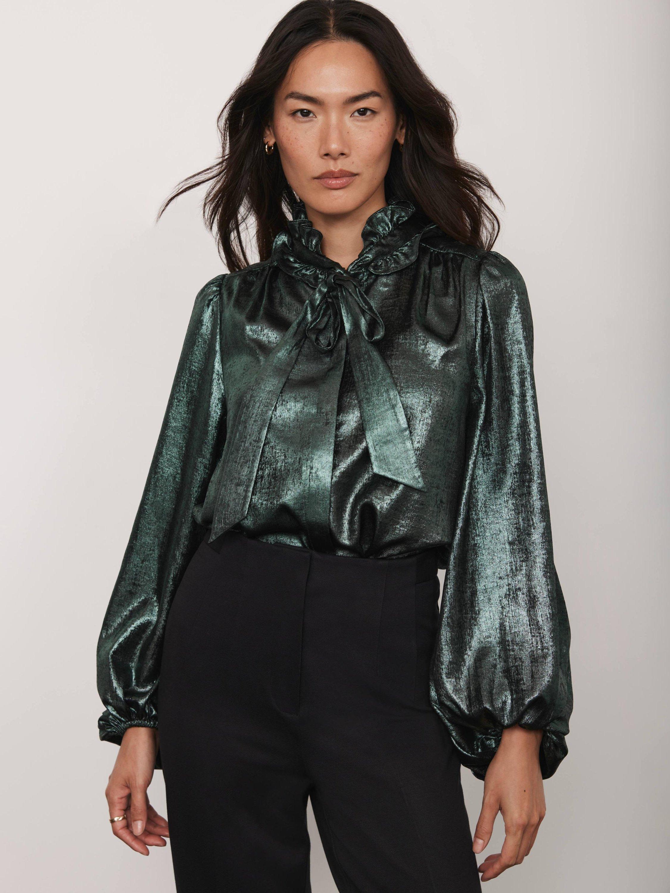 Product image 2 of 8, which shows Mint Velvet Long Sleeve Pussy Bow Blouse, Green, 8