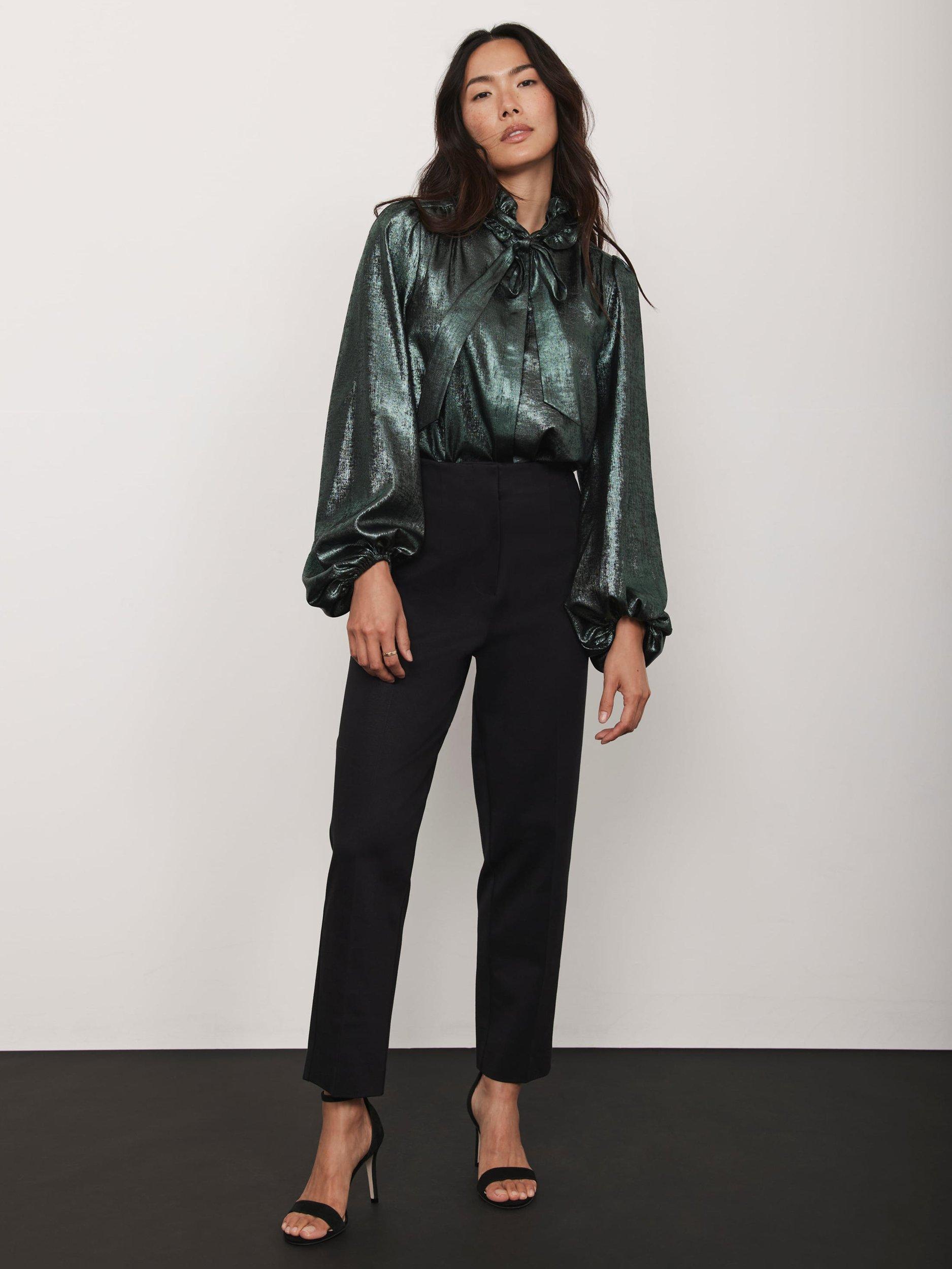 Product image 3 of 8, which shows Mint Velvet Long Sleeve Pussy Bow Blouse, Green, 8