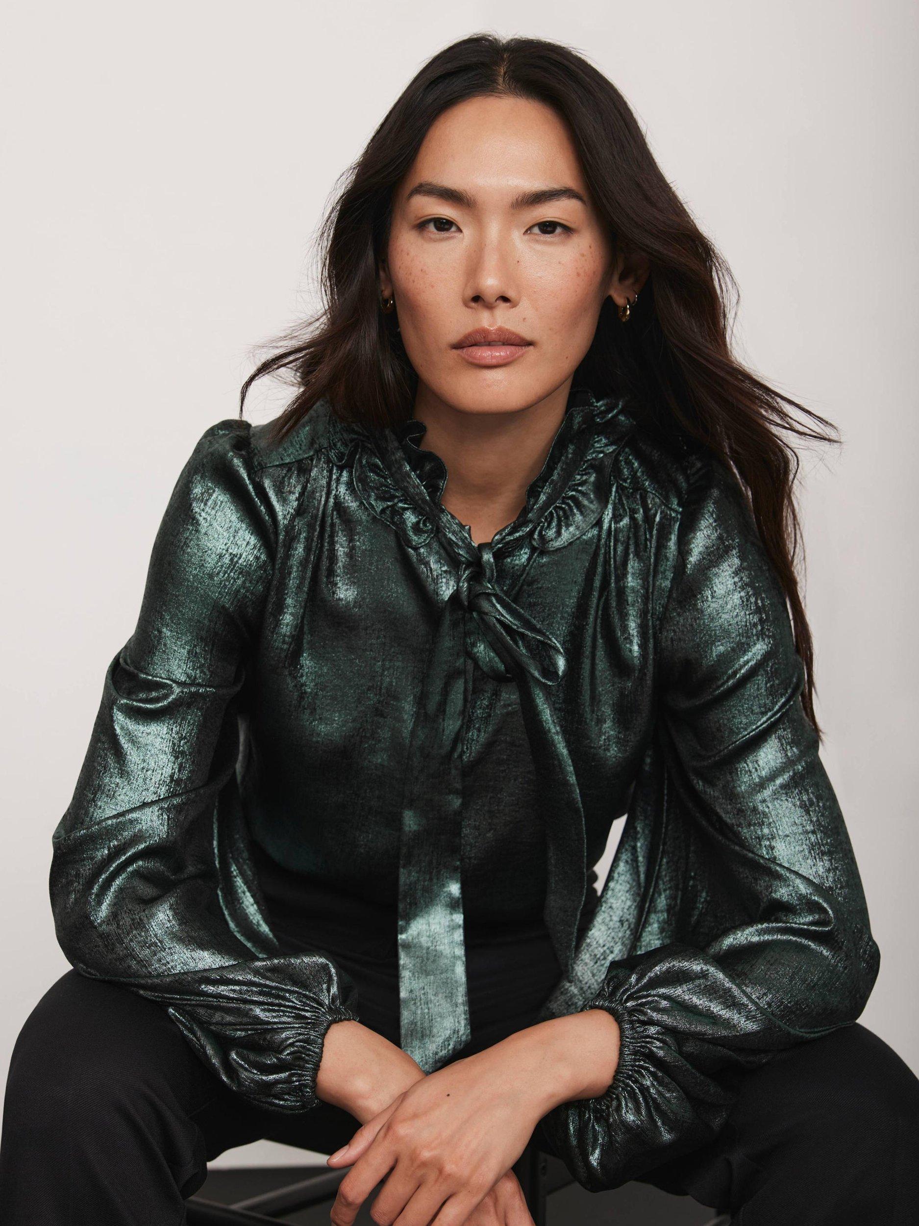 Product image 5 of 8, which shows Mint Velvet Long Sleeve Pussy Bow Blouse, Green, 8