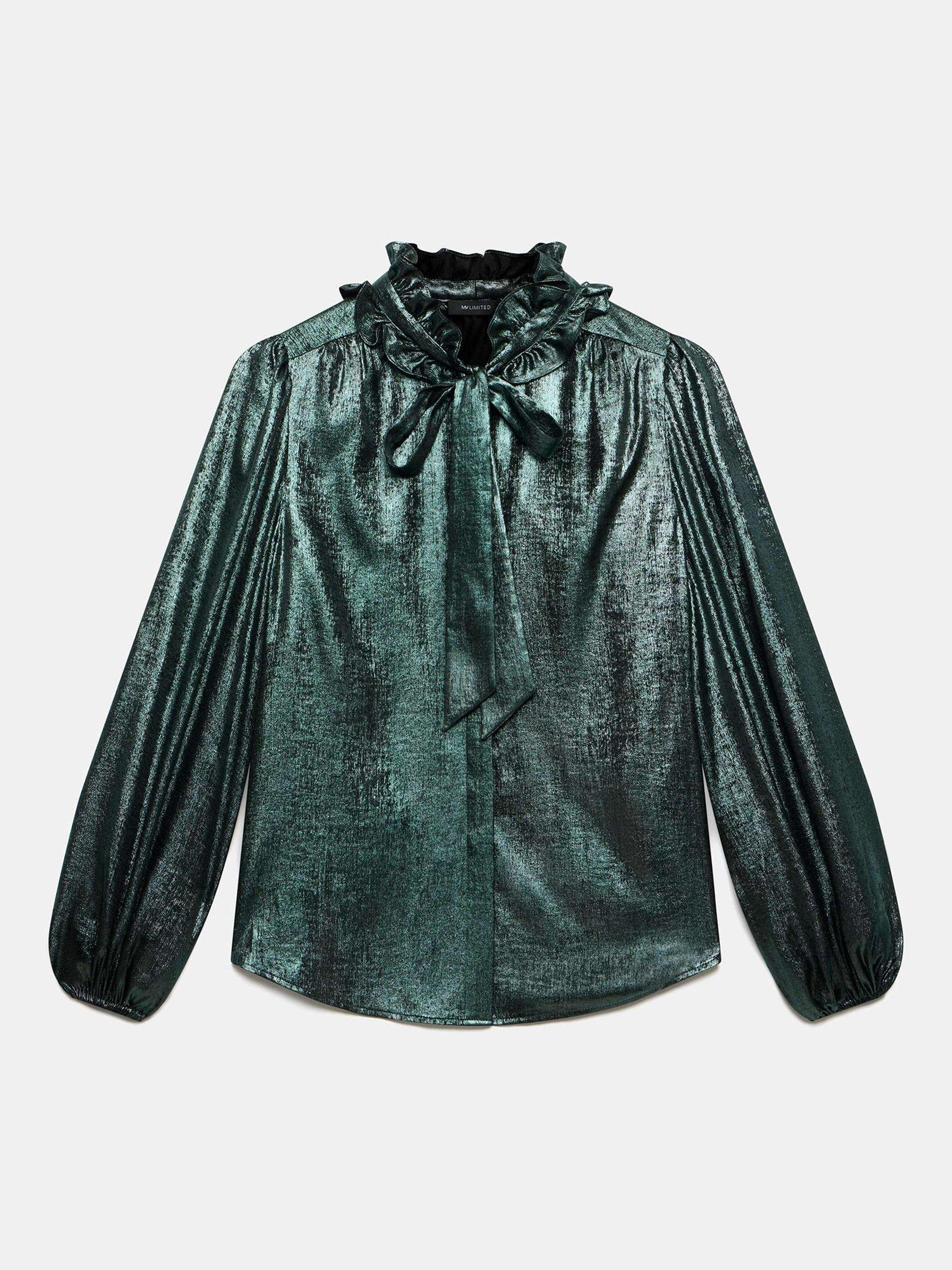 Product image 6 of 8, which shows Mint Velvet Long Sleeve Pussy Bow Blouse, Green, 8