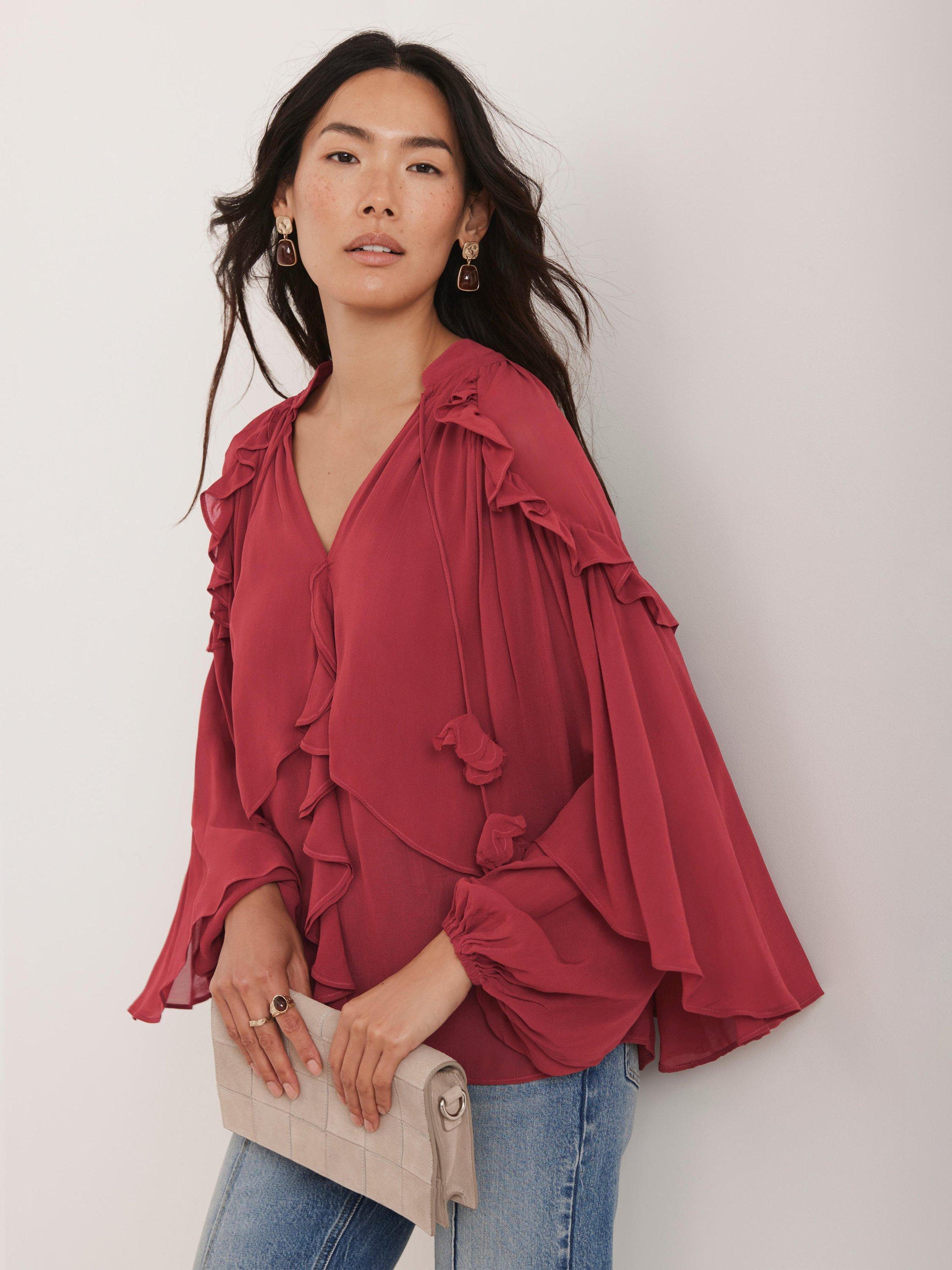 Product image 1 of 8, which shows Mint Velvet Ruffle Layered Long Sleeve V Neck Blouse, Pink, XS