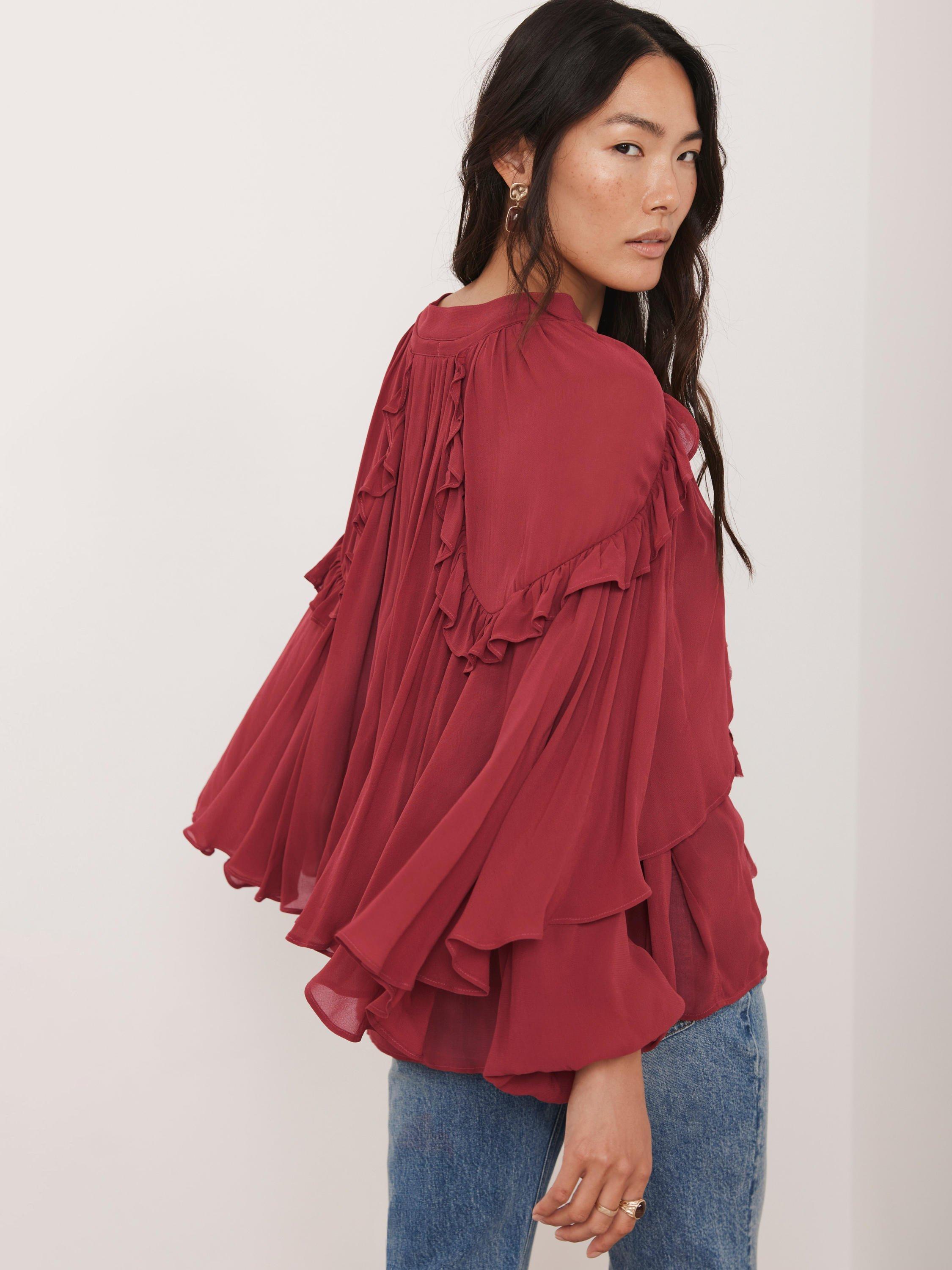 Product image 2 of 8, which shows Mint Velvet Ruffle Layered Long Sleeve V Neck Blouse, Pink, XS