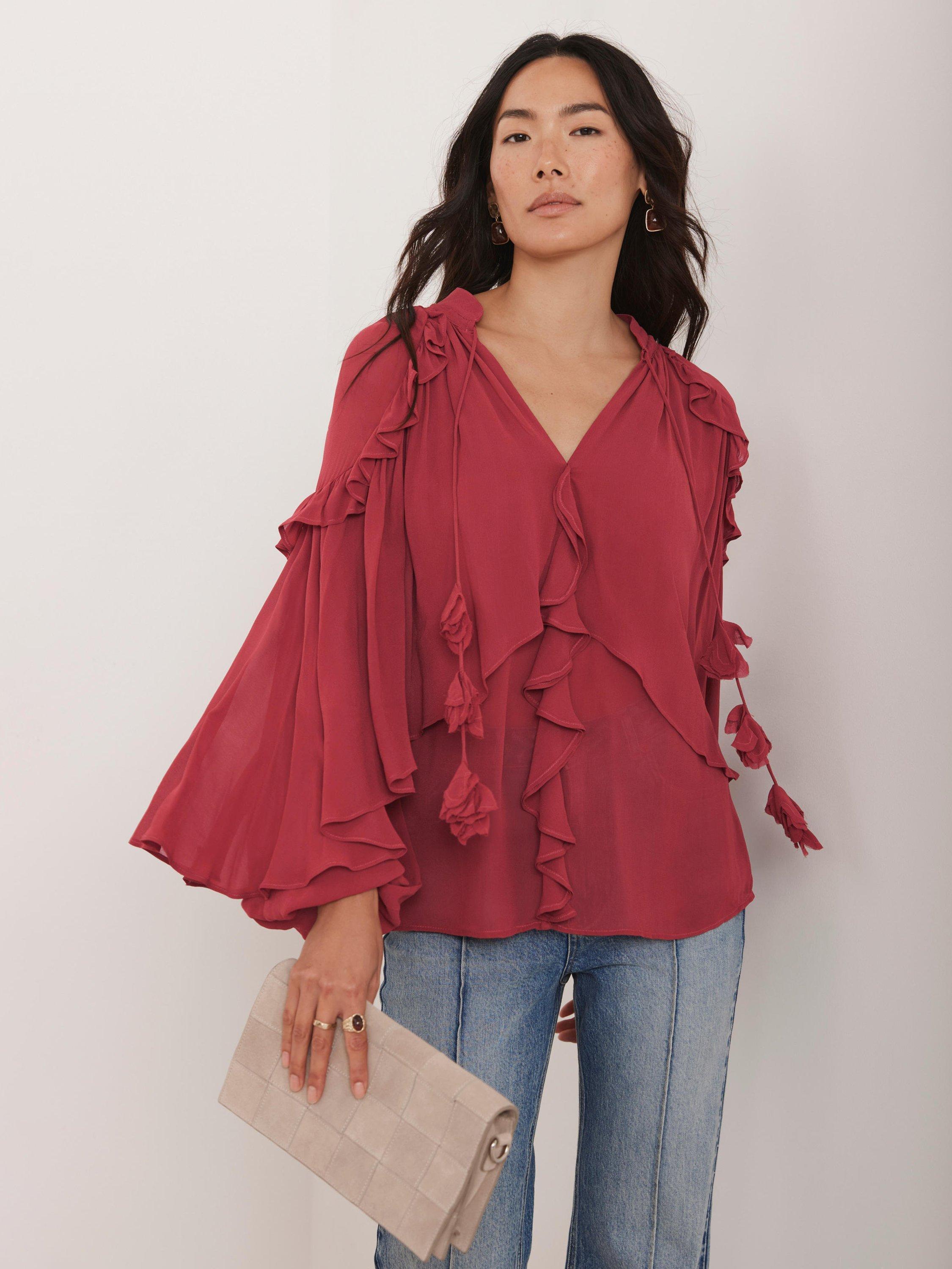 Product image 3 of 8, which shows Mint Velvet Ruffle Layered Long Sleeve V Neck Blouse, Pink, XS