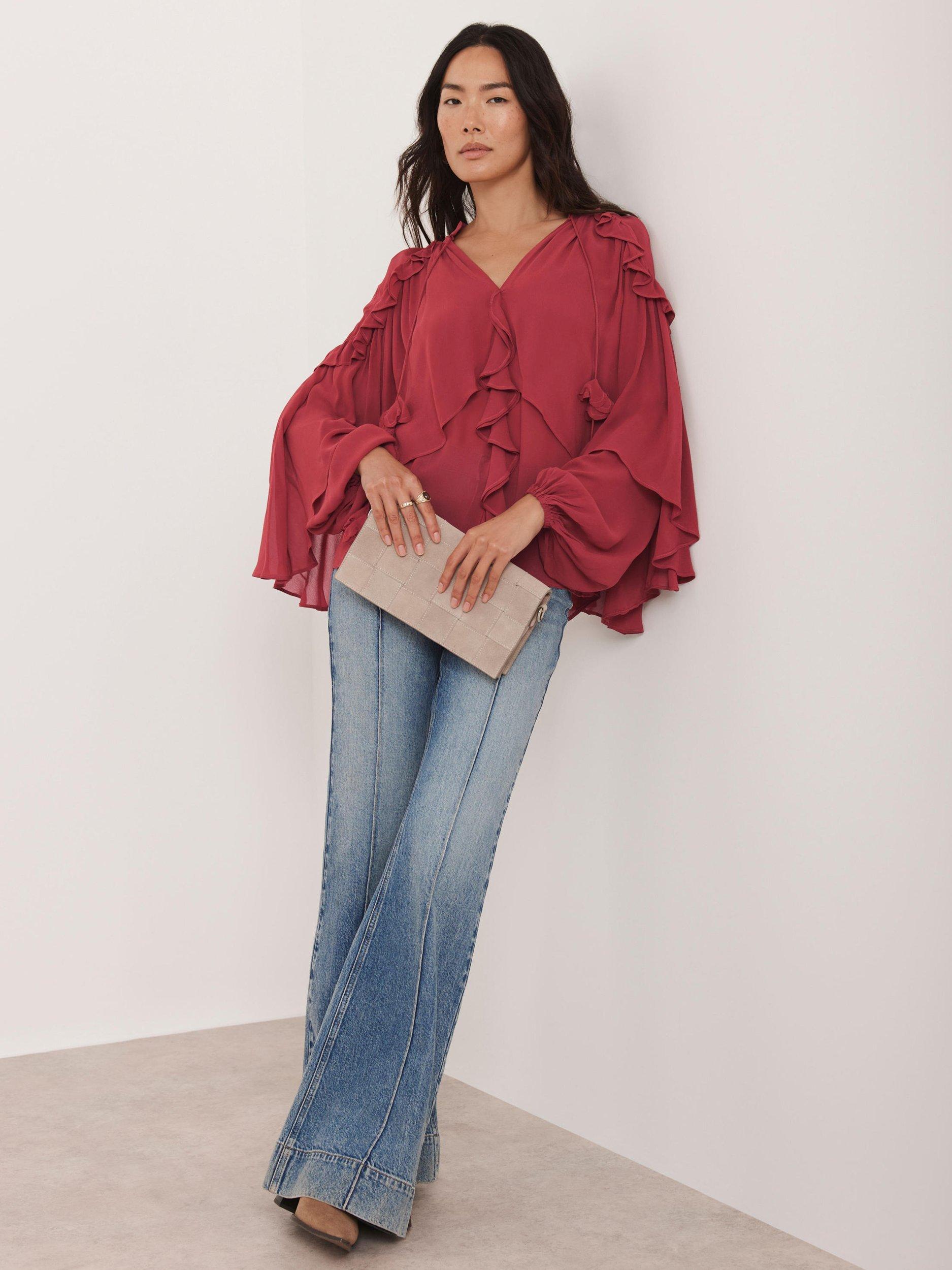 Product image 4 of 8, which shows Mint Velvet Ruffle Layered Long Sleeve V Neck Blouse, Pink, XS