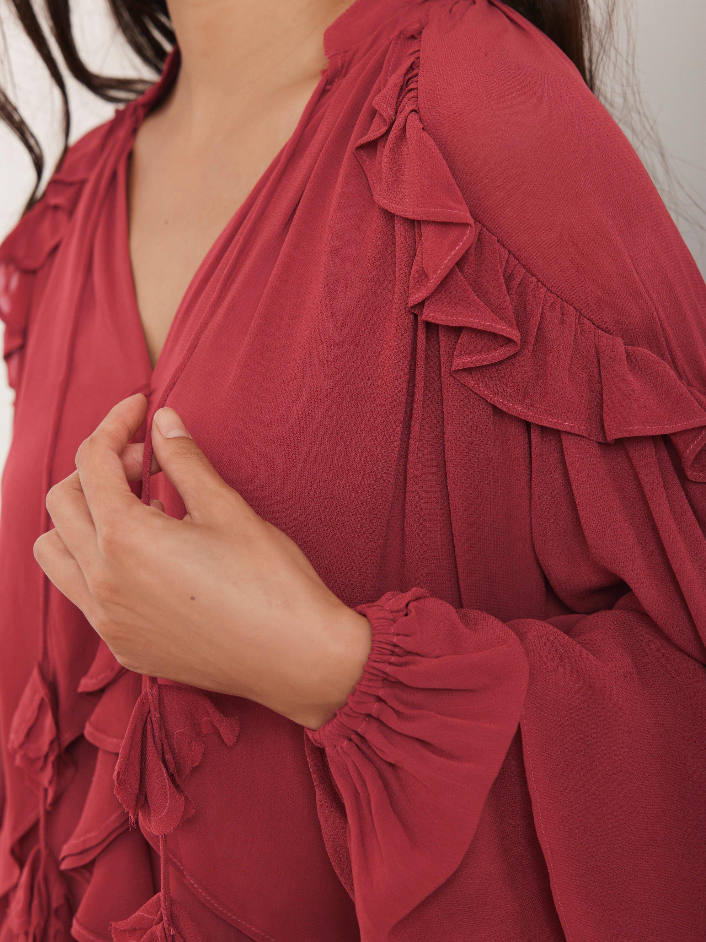 Product image 5 of 8, which shows Mint Velvet Ruffle Layered Long Sleeve V Neck Blouse, Pink, XS