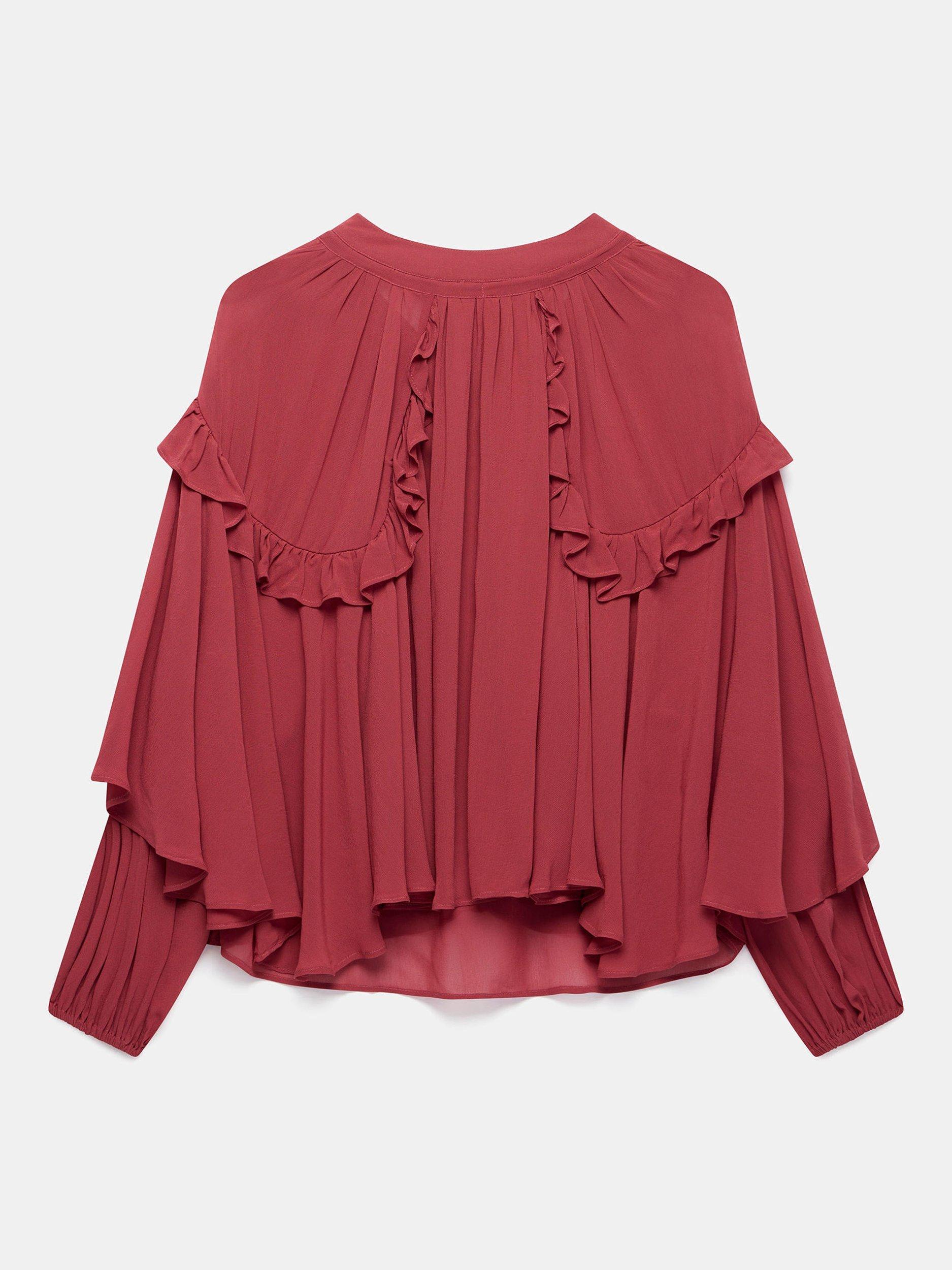 Product image 8 of 8, which shows Mint Velvet Ruffle Layered Long Sleeve V Neck Blouse, Pink, XS