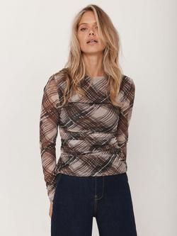 Mint Velvet Check Long Sleeve Mesh Top, Brown/Multi, Brown/Multi