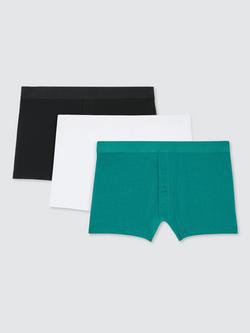 John Lewis Organic Cotton Button Fly Trunks, Pack of 3, Black, White, Green, Black,white,green