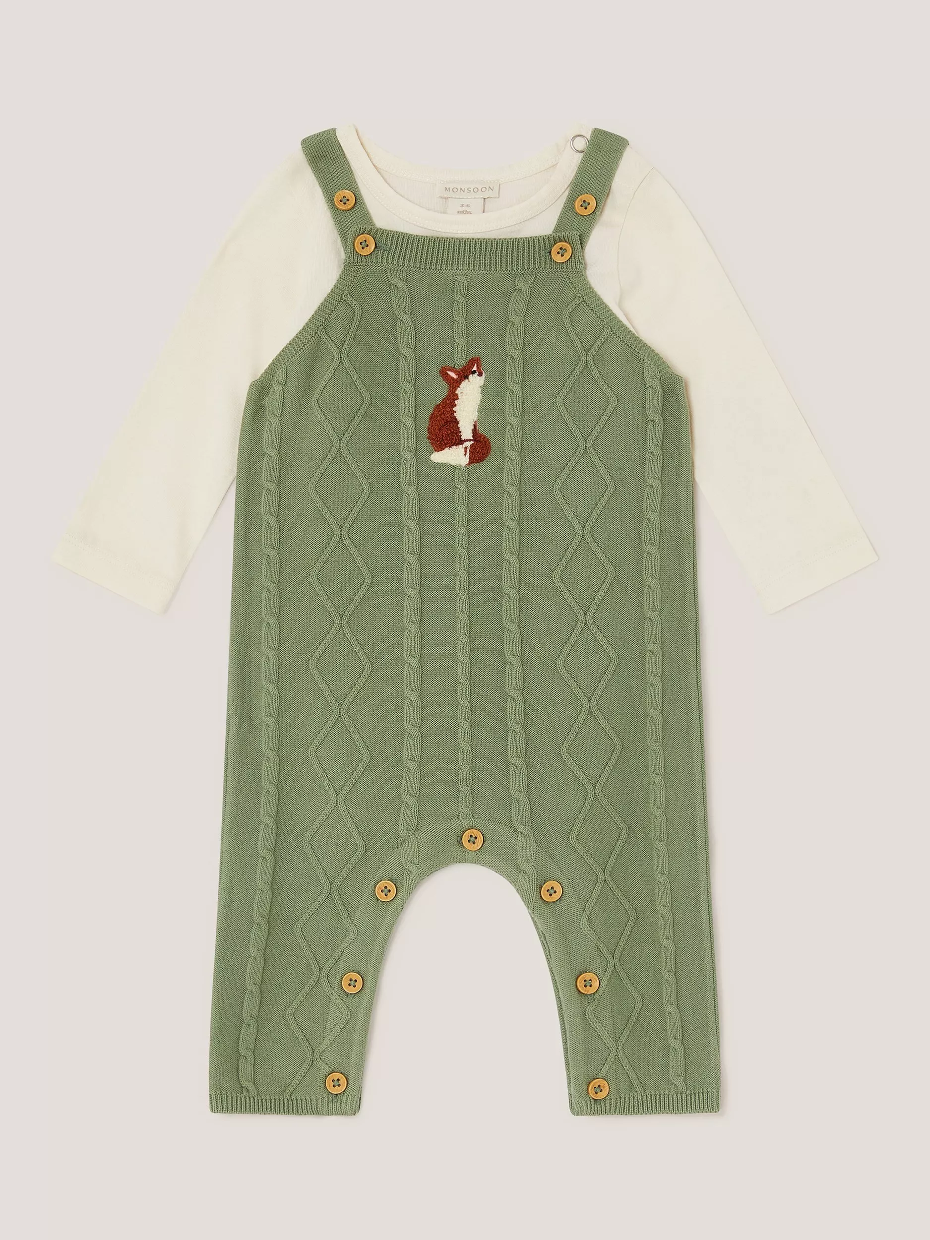 Monsoon Kids' Newborn Baby Cotton Dungaree Set, Green