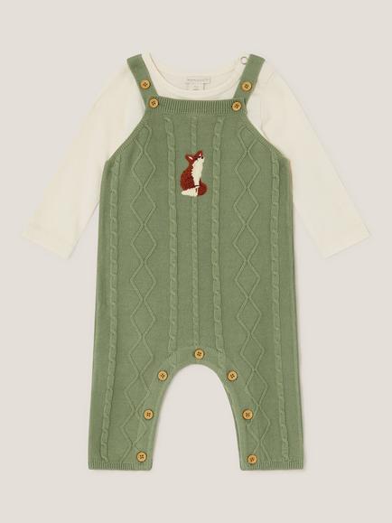 Monsoon Kids' Newborn Baby Cotton Dungaree Set, Green, Green
