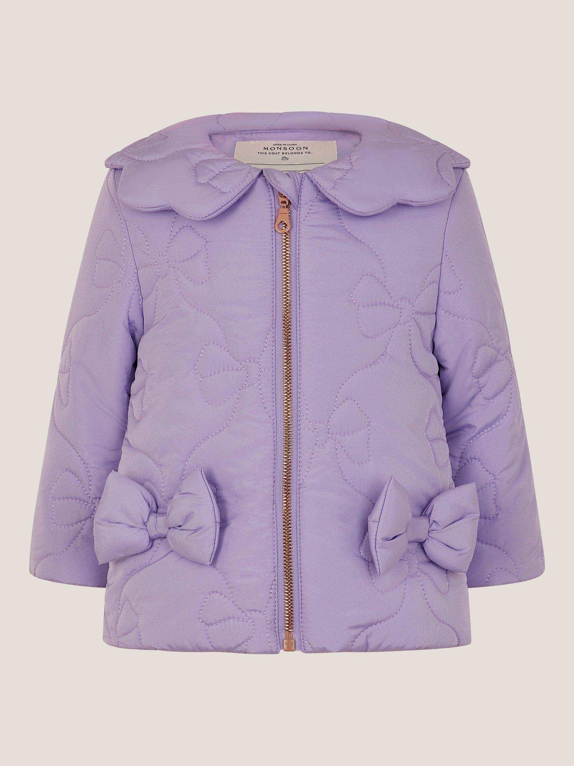 Product image 1 of 3, which shows Monsoon Baby Quilted Puffer Jacket, Lilac, 3-6 months