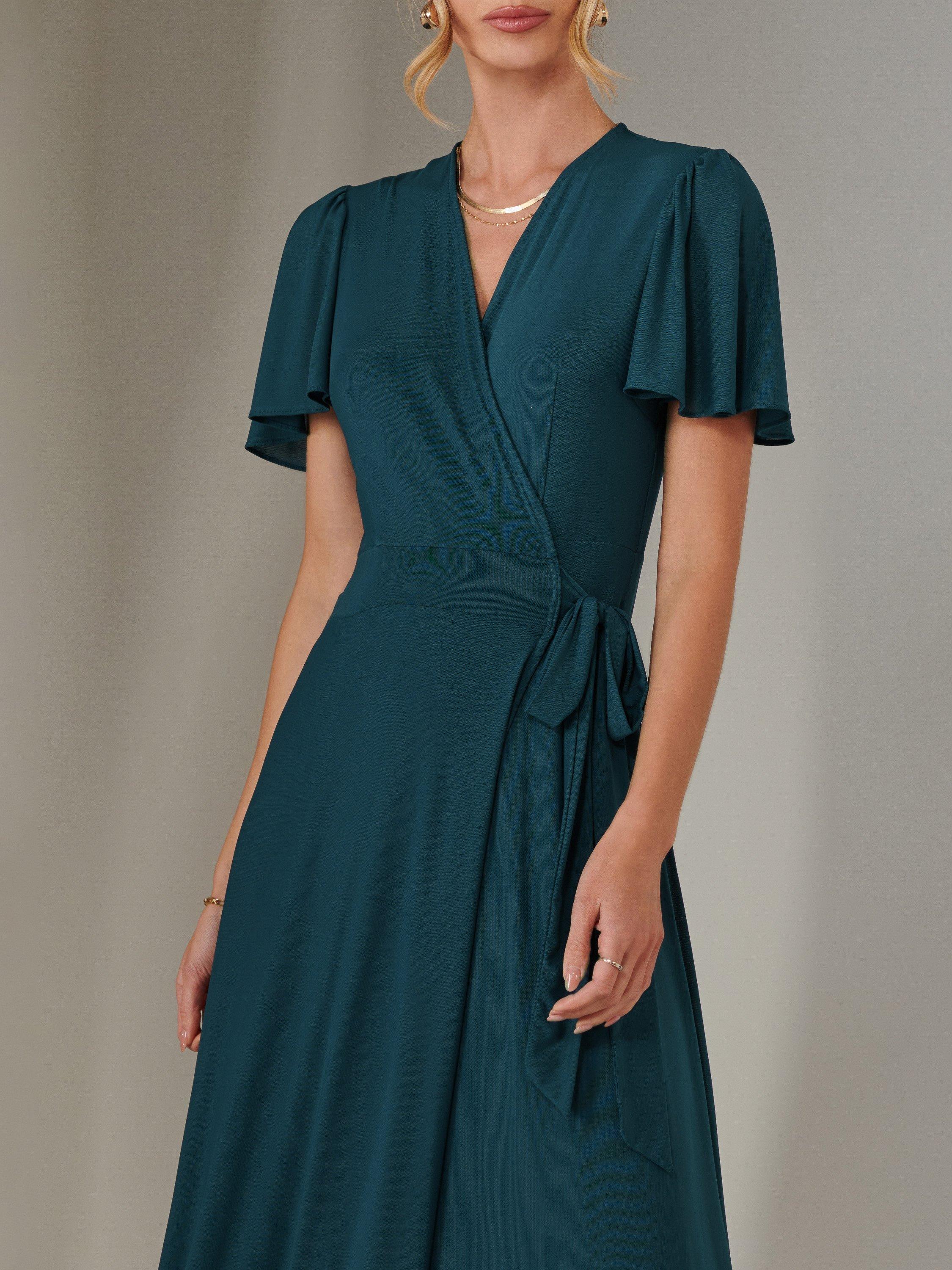 Product image 3 of 7, which shows Jolie Moi Angel Sleeve Flared Maxi Dress , Dark Teal, 8