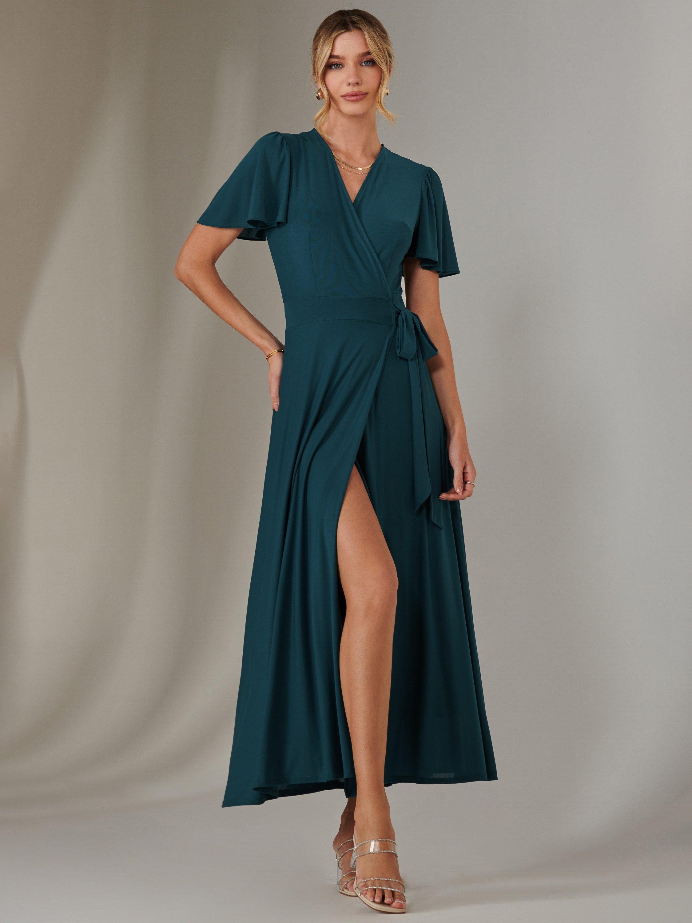 Product image 4 of 7, which shows Jolie Moi Angel Sleeve Flared Maxi Dress , Dark Teal, 8