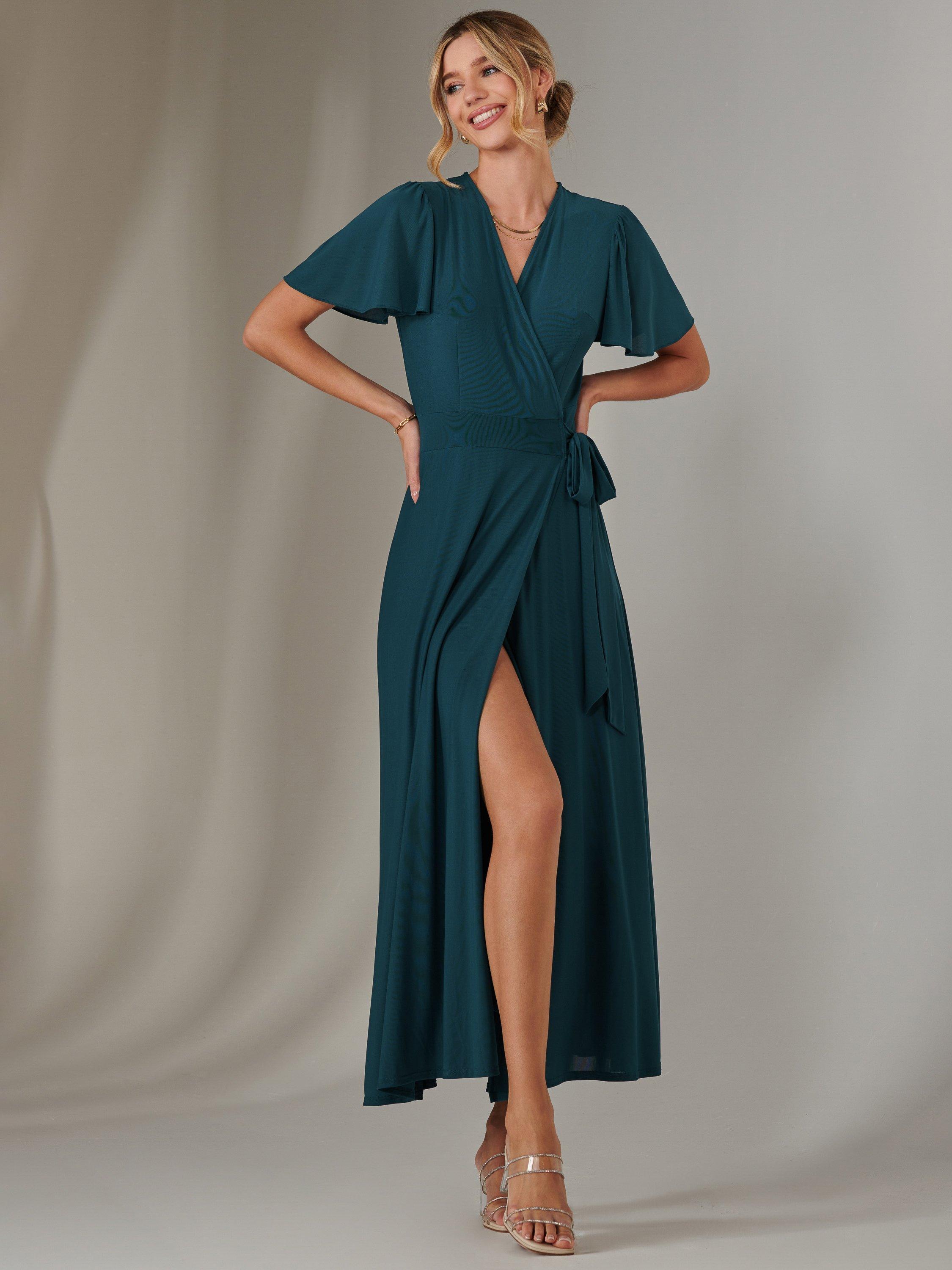 Product image 6 of 7, which shows Jolie Moi Angel Sleeve Flared Maxi Dress , Dark Teal, 8