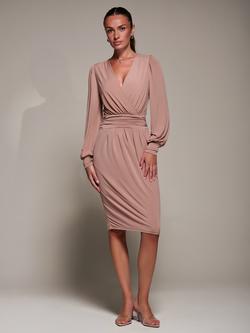 Jolie Moi Wrap Balloon Sleeve Midi Dress, Dusty Pink, Dusty Pink
