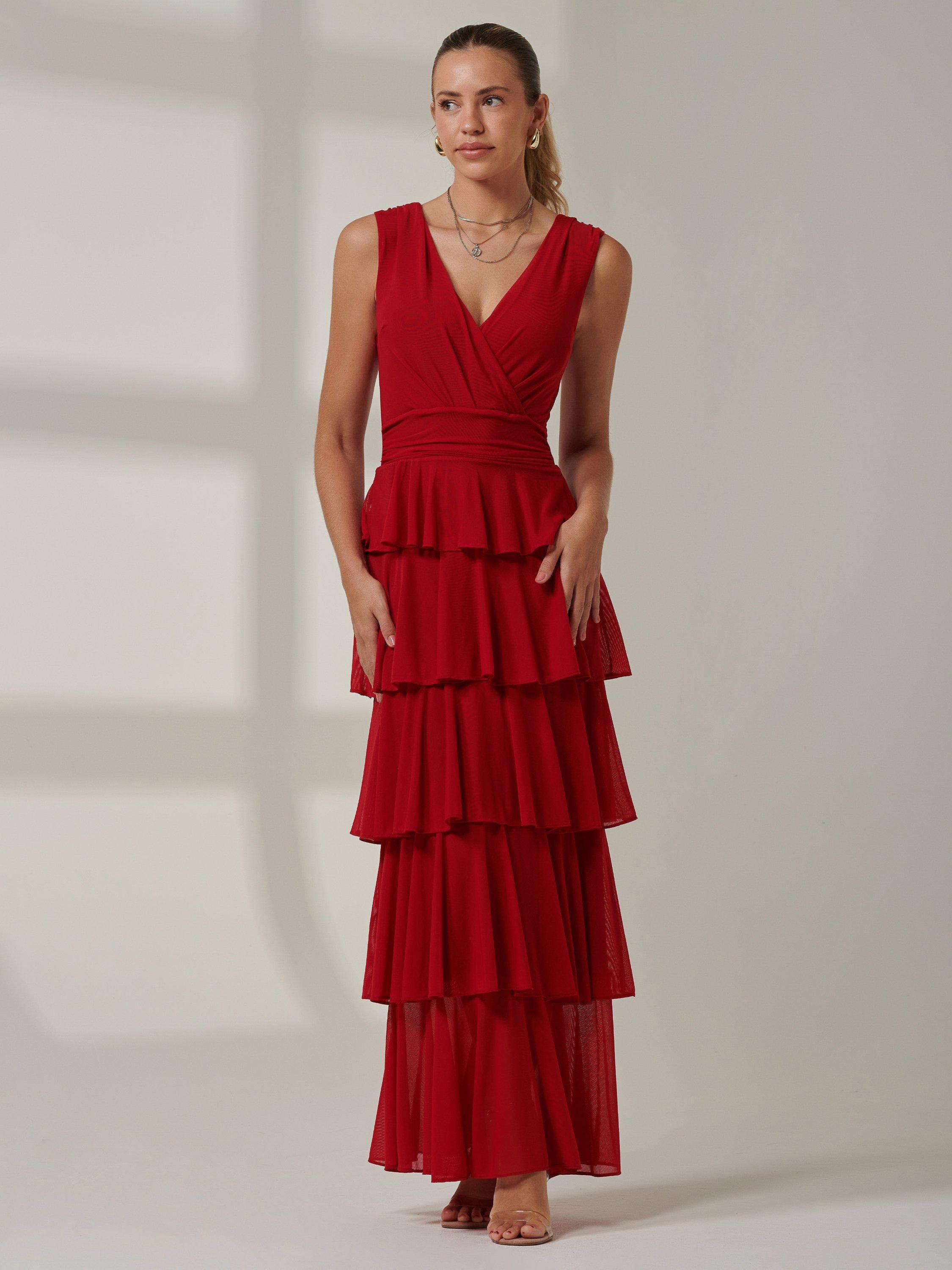 Product image 1 of 7, which shows Jolie Moi Mesh Tiered Maxi Dress, Red, 8
