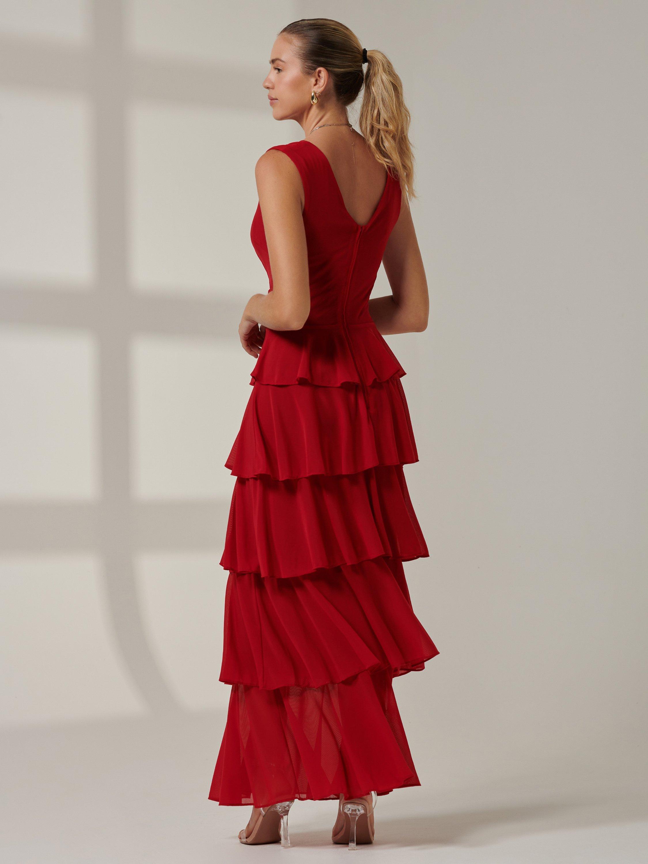 Product image 2 of 7, which shows Jolie Moi Mesh Tiered Maxi Dress, Red, 8