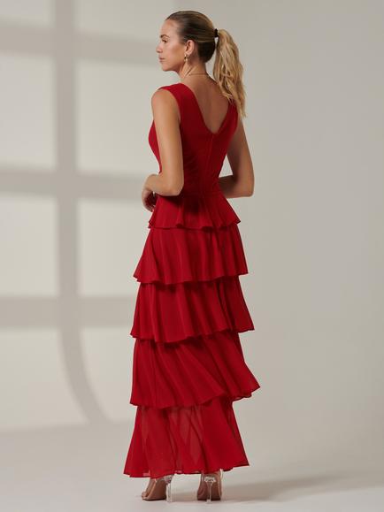 Jolie Moi Mesh Tiered Maxi Dress, Red - view 2, Red