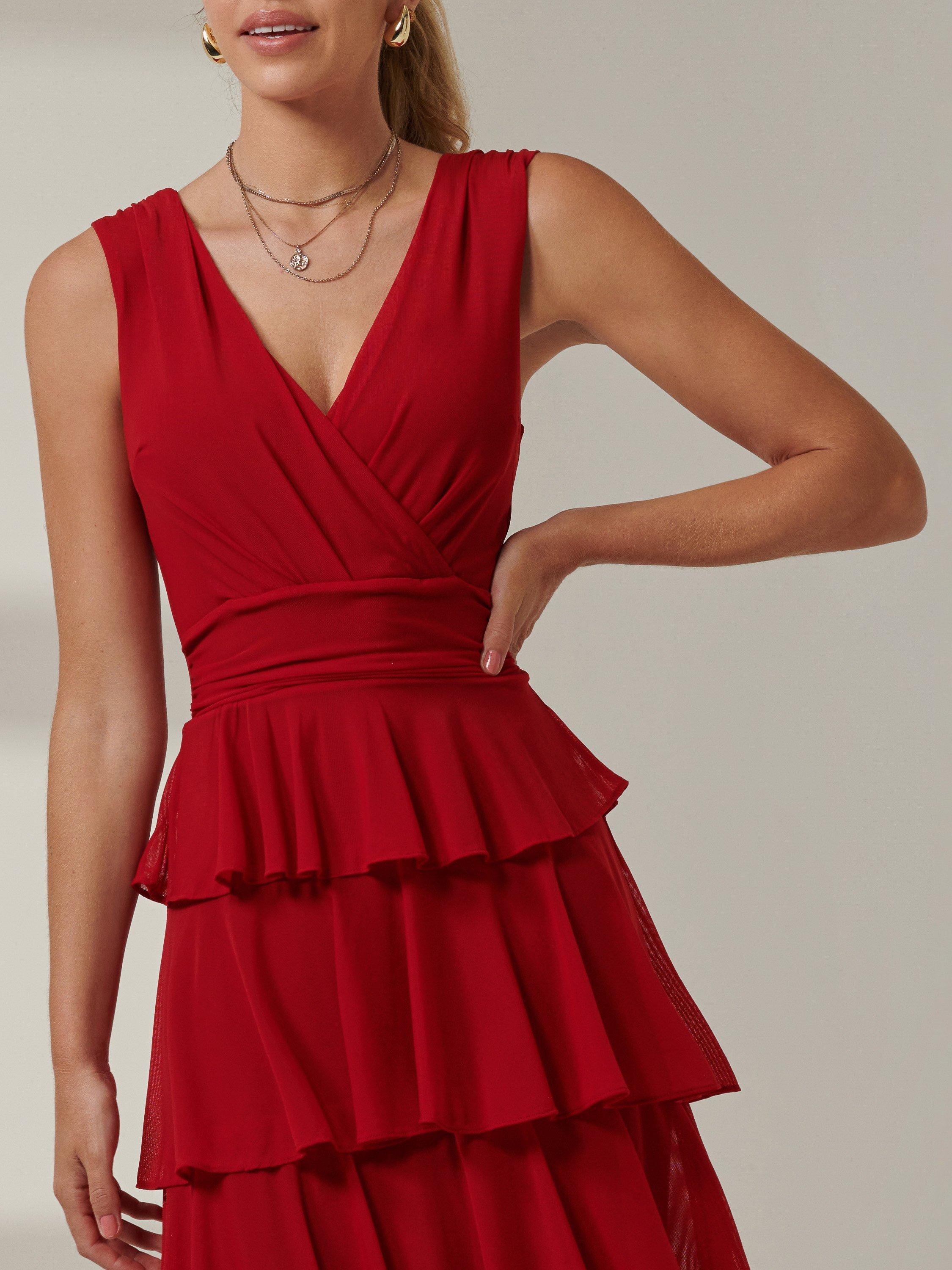 Product image 3 of 7, which shows Jolie Moi Mesh Tiered Maxi Dress, Red, 8