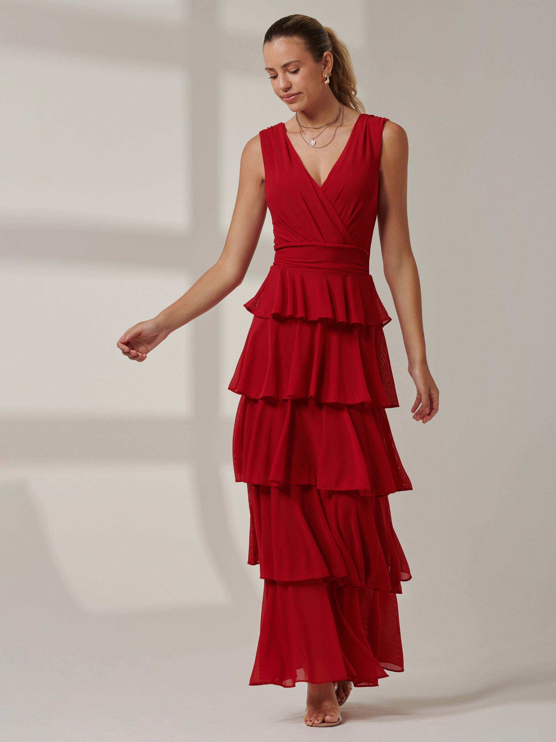 Product image 4 of 7, which shows Jolie Moi Mesh Tiered Maxi Dress, Red, 8