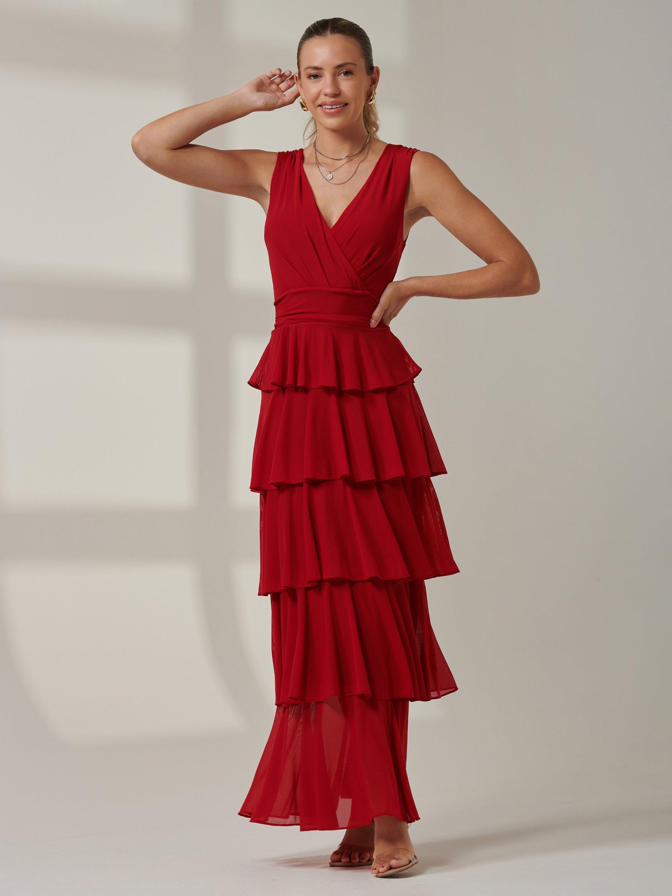 Product image 5 of 7, which shows Jolie Moi Mesh Tiered Maxi Dress, Red, 8