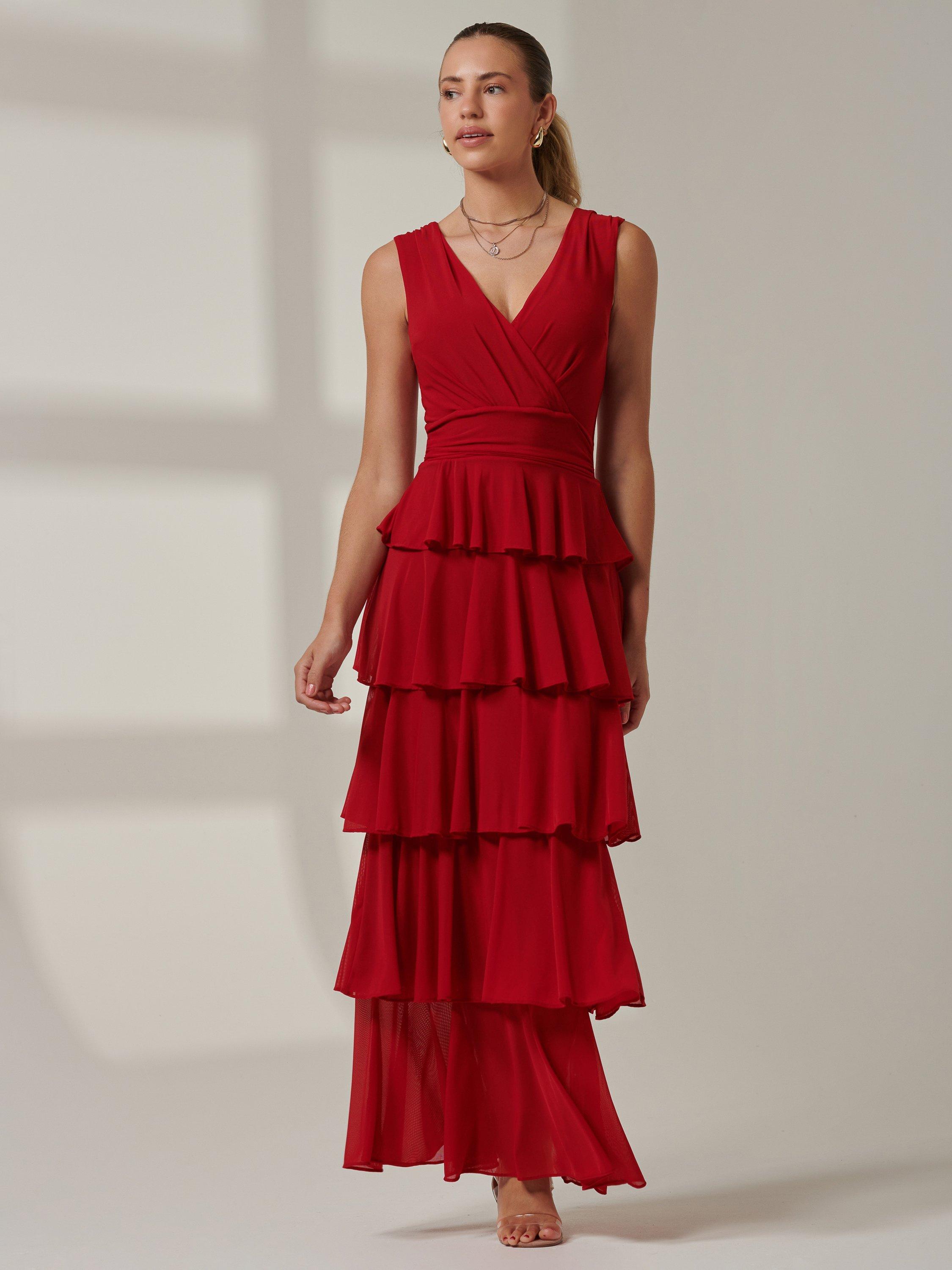 Product image 6 of 7, which shows Jolie Moi Mesh Tiered Maxi Dress, Red, 8