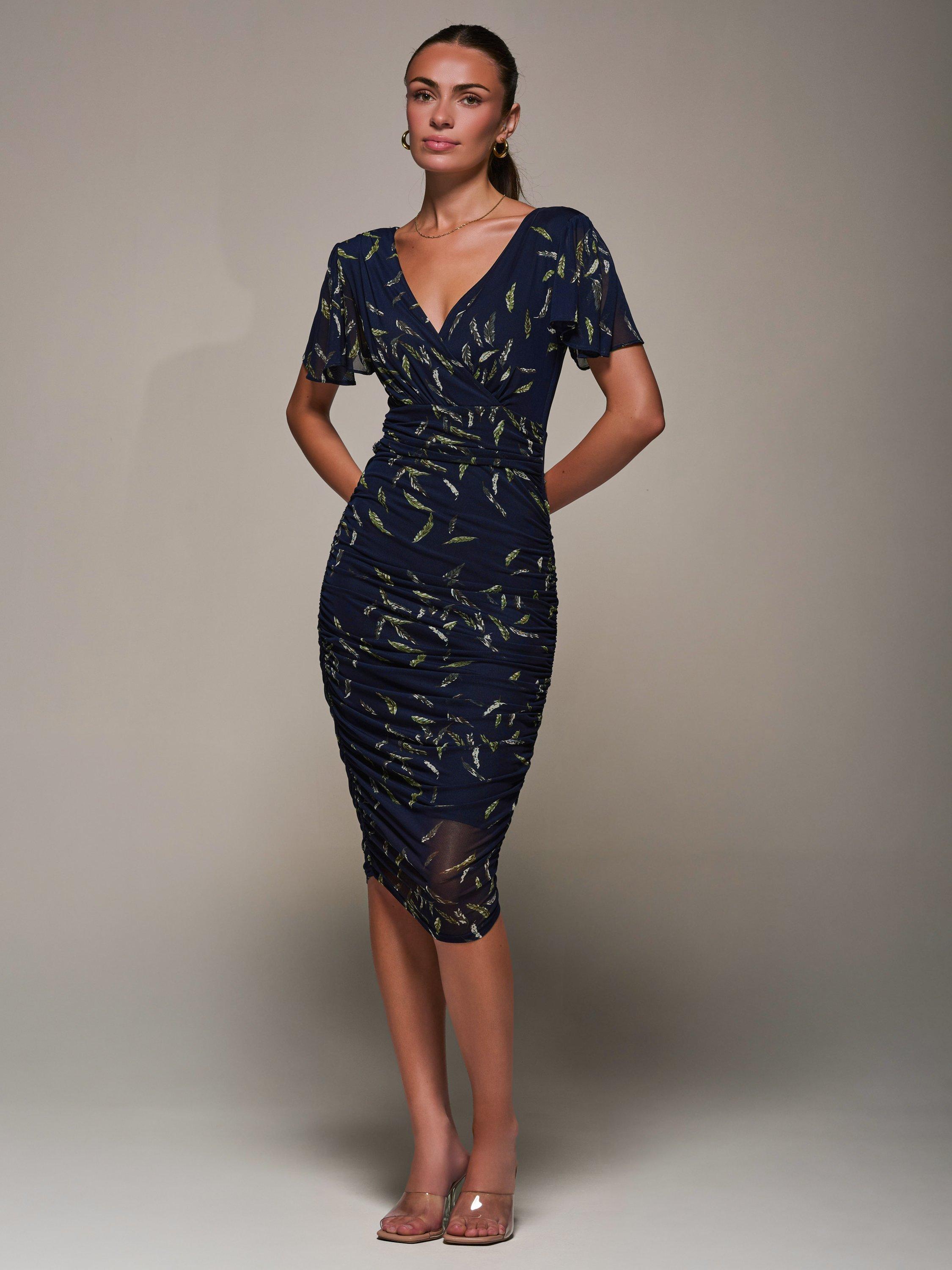 Jolie Moi Ruched Bodycon Midi Dress, Navy Leafy