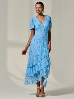 Jolie Moi Floral Ruffle Hem Midaxi Dress, Blue Floral, Blue Floral