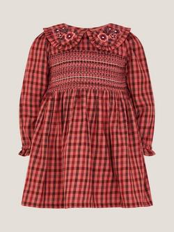 Monsoon Baby Long Sleeved Peter Pan Checked Dress, Brown, Brown
