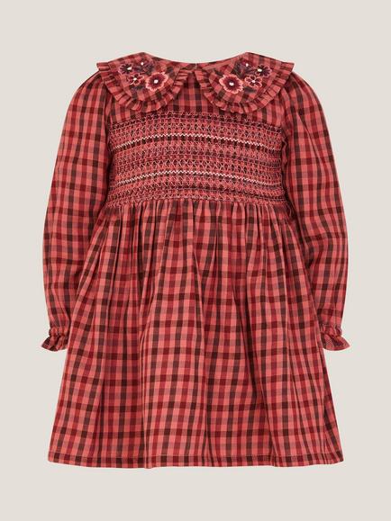 Monsoon Baby Long Sleeved Peter Pan Checked Dress, Brown, Brown