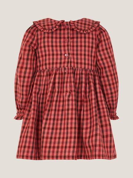 Monsoon Baby Long Sleeved Peter Pan Checked Dress, Brown - view 2, Brown