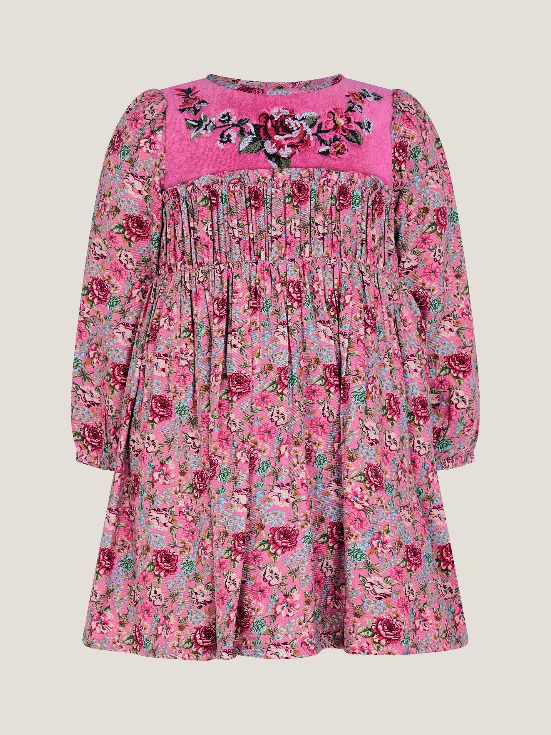 Monsoon Baby Long Sleeved Floral Dress, Pink