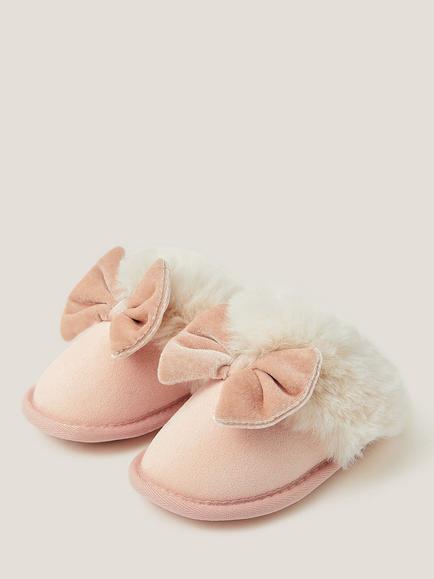 Monsoon Kids' Velvet Bow Slippers, Pink - view 2, Pink