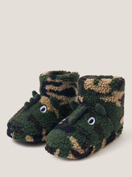 Monsoon Kids' Borg Dinosaur Slipper Boots, Green - view 2, Green