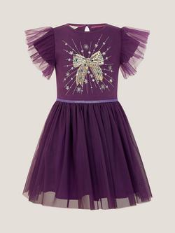 Monsoon Kids' Tulle Ruffle Sleeve Disco Dress, Purple - view 2, Purple