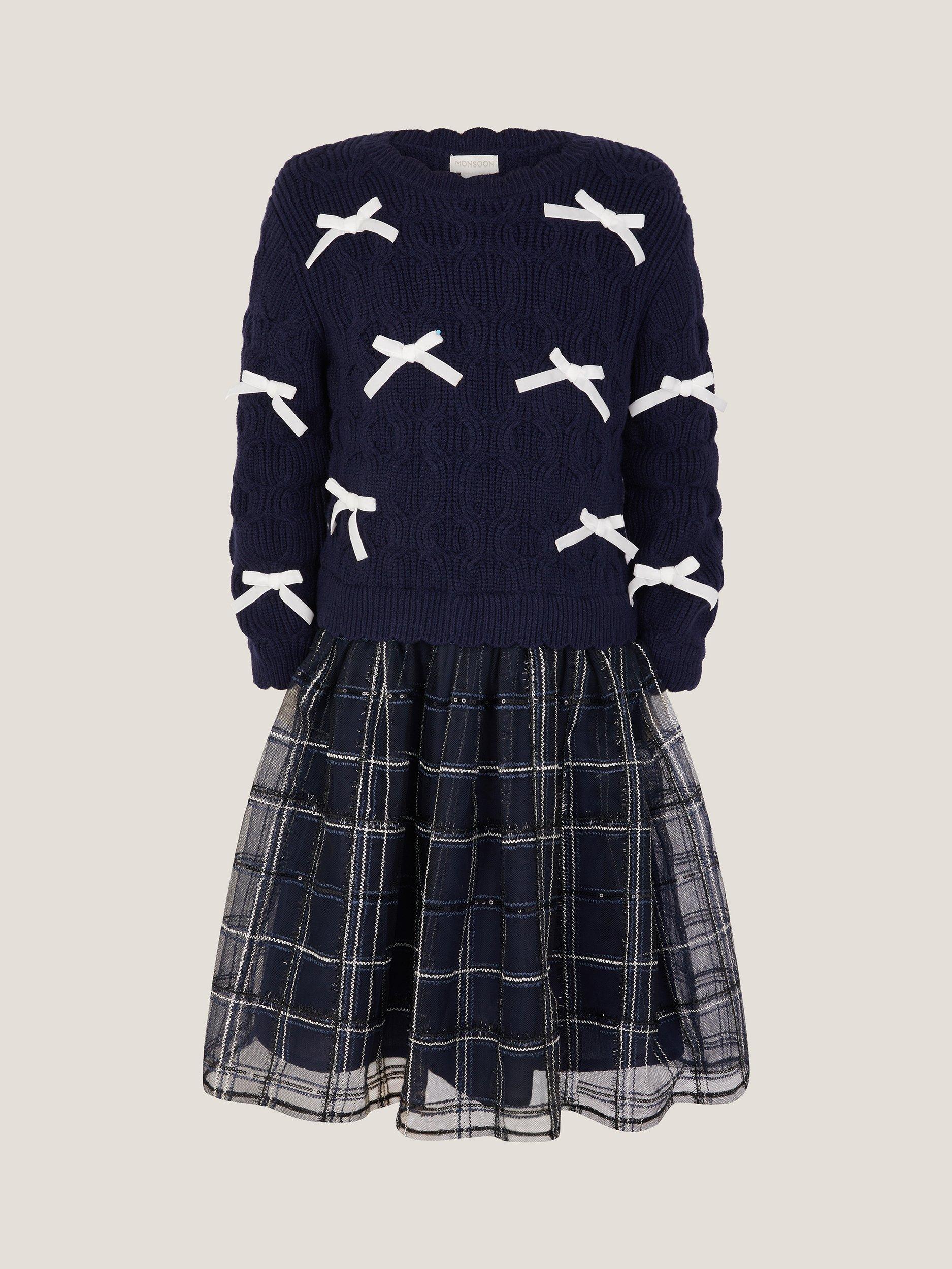 Product image 2 of 4, which shows Monsoon Kids' 2-in-1 Mesh Check Dress, Navy, 2-3 years