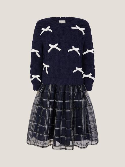 Monsoon Kids' 2-in-1 Mesh Check Dress, Navy - view 2, Navy