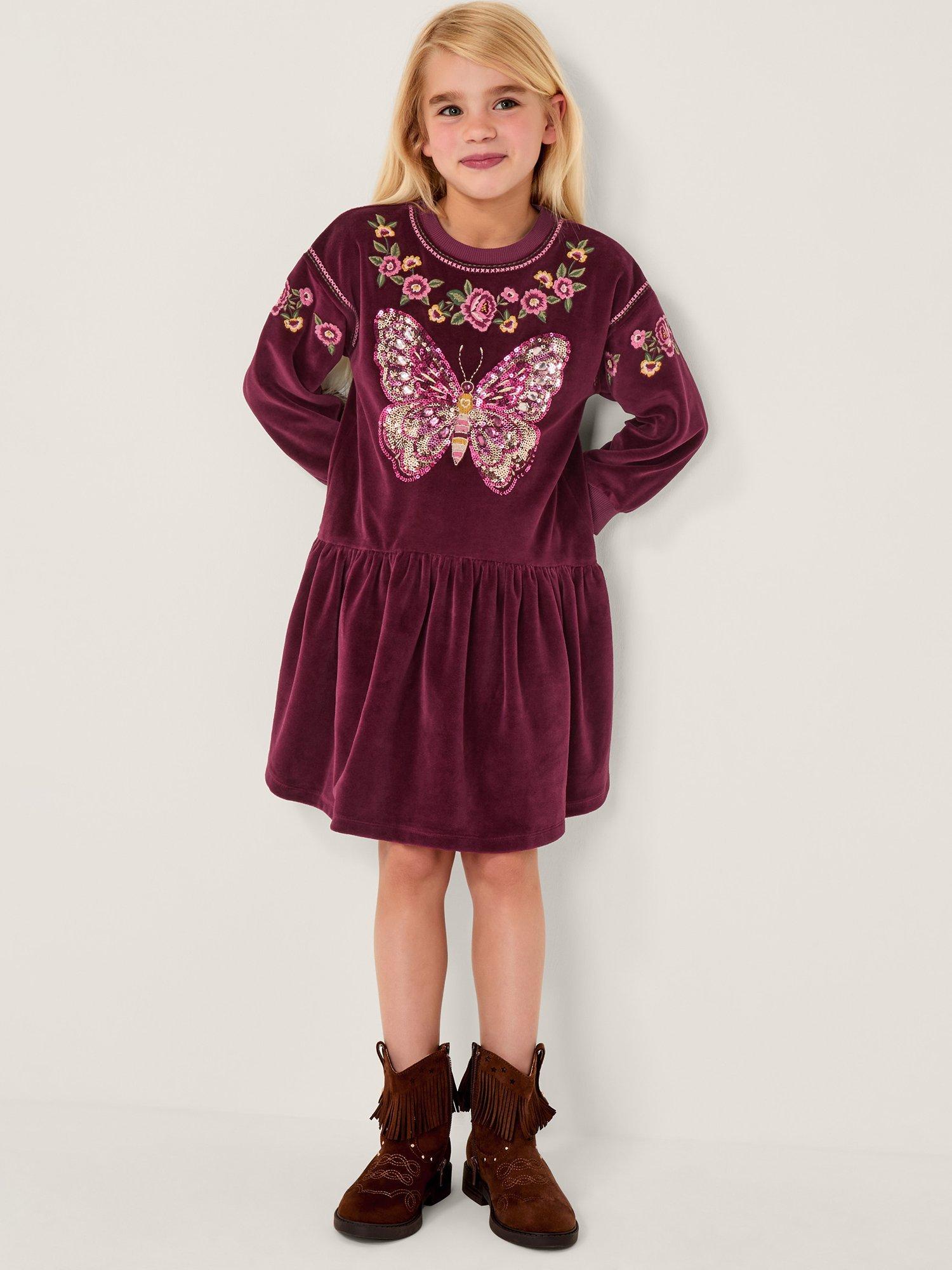 Monsoon Kids' Velour Long Sleeved Sequin Butterfly Dress, Burgundy