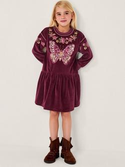 Monsoon Kids' Velour Long Sleeved Sequin Butterfly Dress, Burgundy, Burgundy