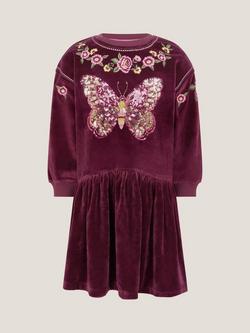 Monsoon Kids' Velour Long Sleeved Sequin Butterfly Dress, Burgundy - view 2, Burgundy