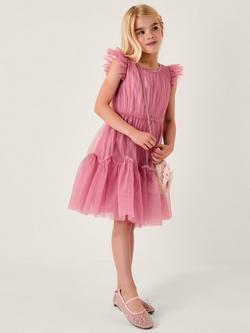 Monsoon Kids' Charlize Tulle Short Sleeved Tiered Dress, Dusky Pink, Dusky Pink