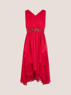 Monsoon Kids' Clemmie Sleeveless Sequin Belt Prom Dress, Red - view 2, Red