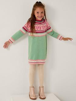 Monsoon Kids' Wool Blend Fair Isle Jumper Dress, Green, Green